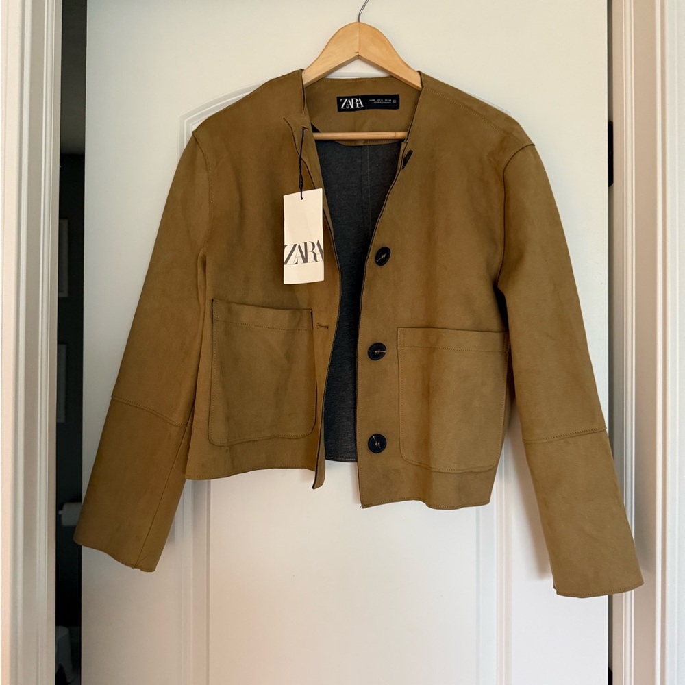 Zara Beige Button-Up Faux Suede Jacket Small NWT - Picture 2 of 5